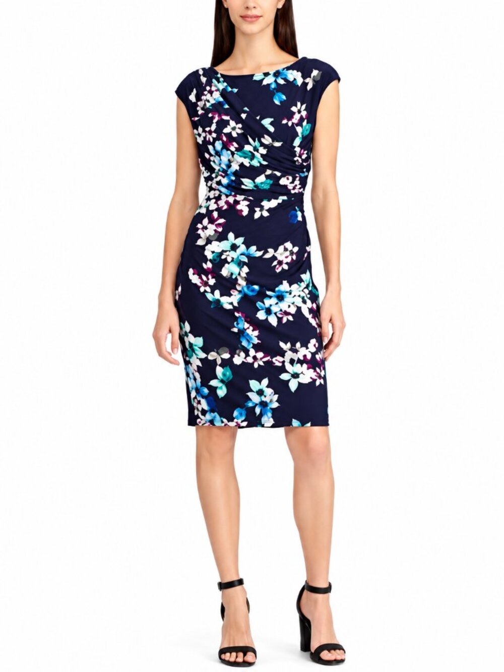 American Living Navy Blue Multicolor Floral Ruched Sheath Dress Size Medium